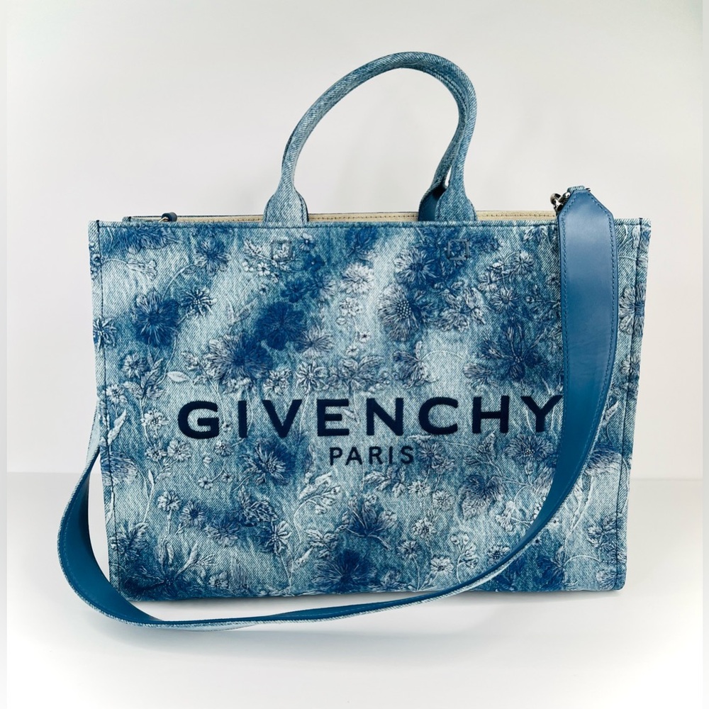 Givenchy G-Tote Washed Blue Denim Floral Design Tote Shopping Bag